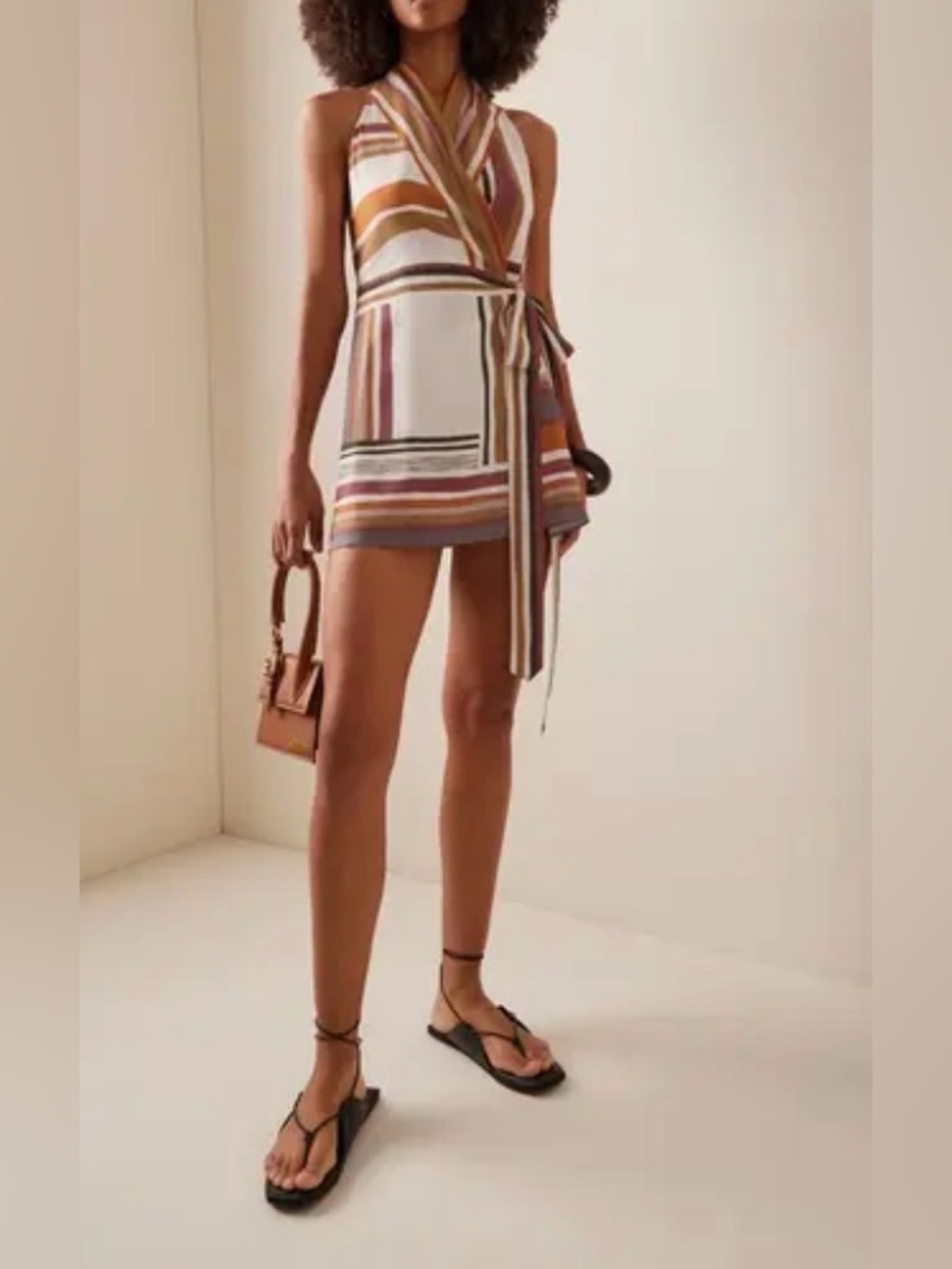 SIR the label Striped Halter Wrap Mini Dress in Rust, Cream & Mauve - Picture 8 of 8